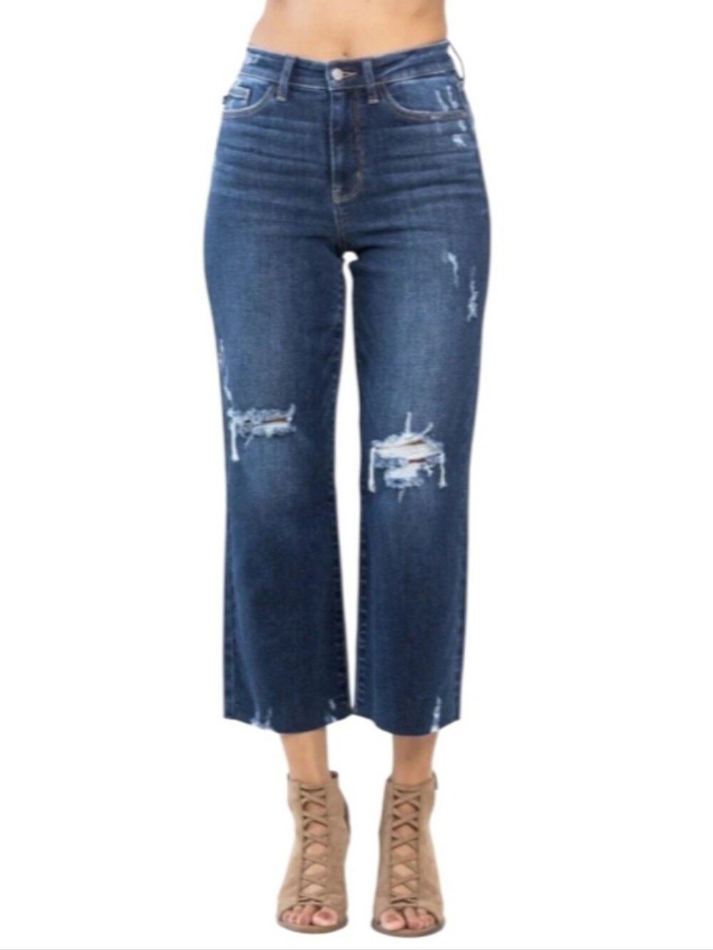 Judy Blue Wide-Leg High-Rise Distressed Cropped Jeans